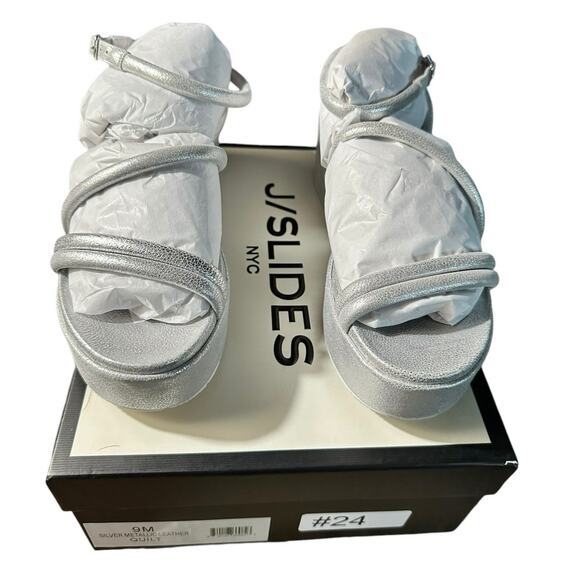 NEW J/SLIDES Quilt Platform Wedge Sandal in Silver Metallic Leather Womens 9 - Picture 4 of 12